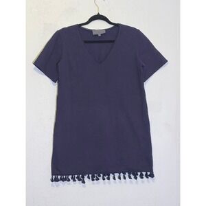 Sunday in Brooklyn Navy Blue‎ Cotton Tassel Hem V-Neck Shift Dress Small OD50448